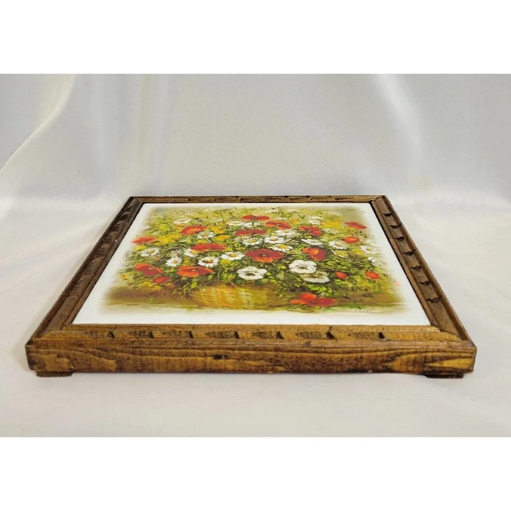 Katerina Schottler Daisies Red Poppies Floral Painted Wood Framed Ceramic Tile
